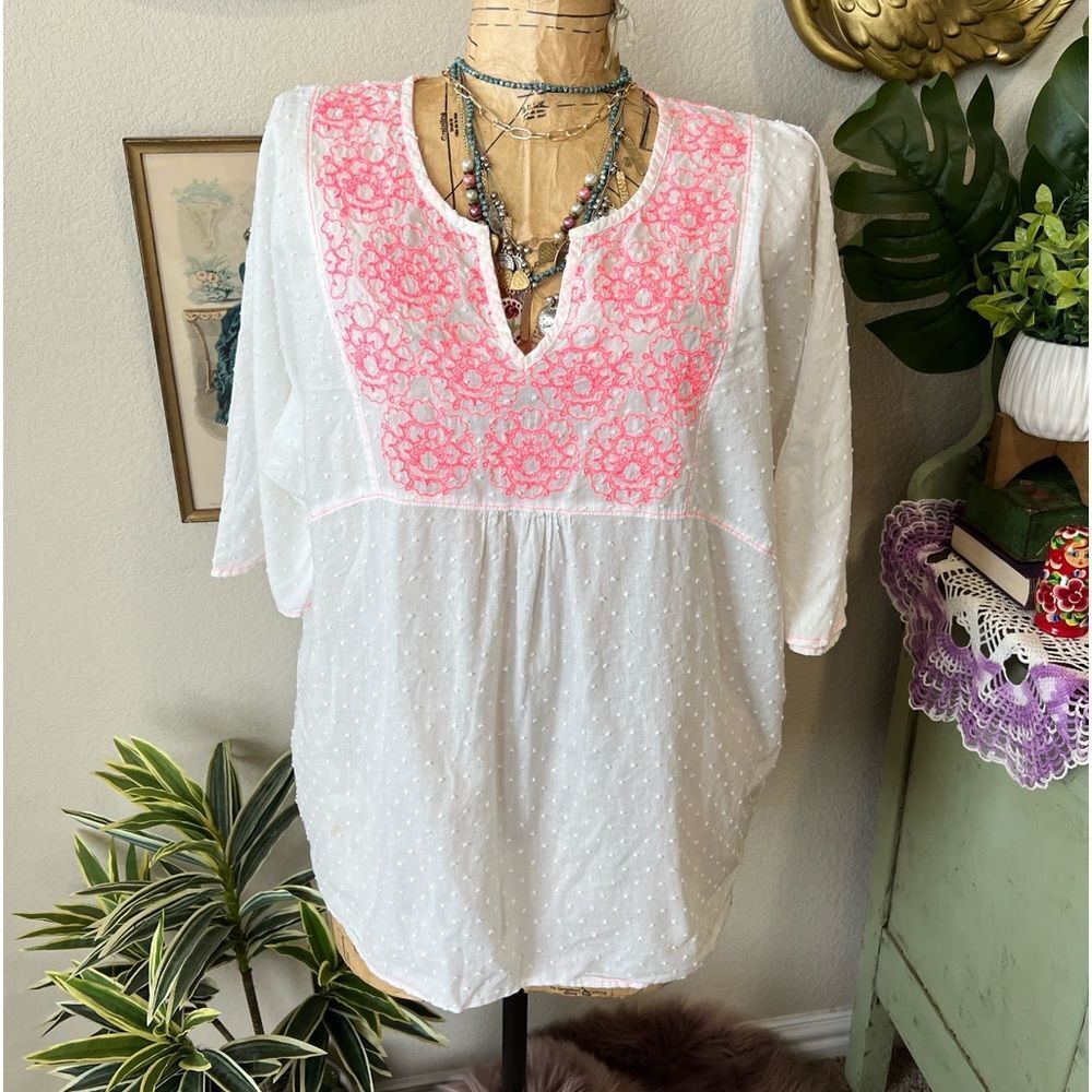 Boden White Swiss Dot Blouse with Pink Embroidered Yoke